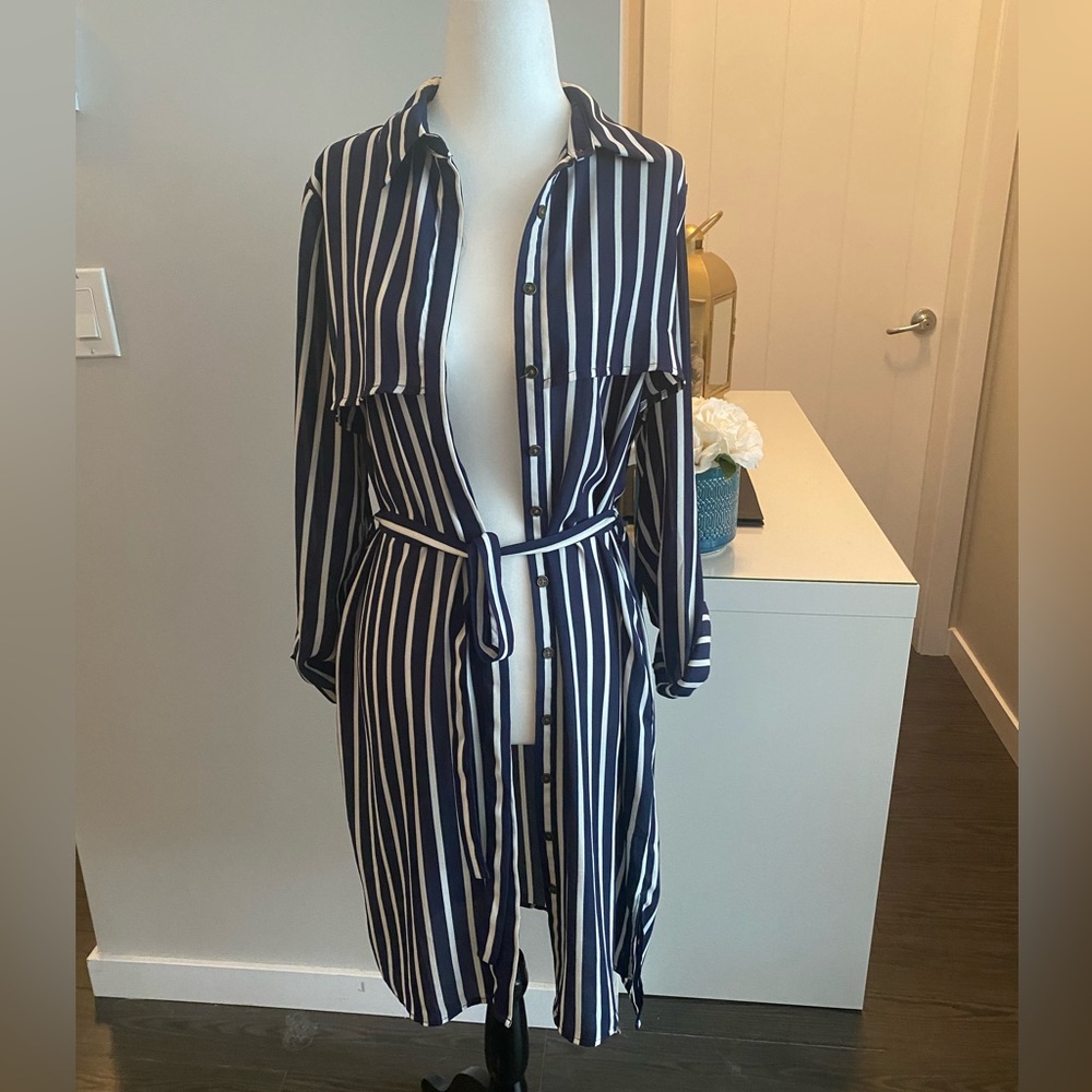 Navy blue striped button up duster jacket